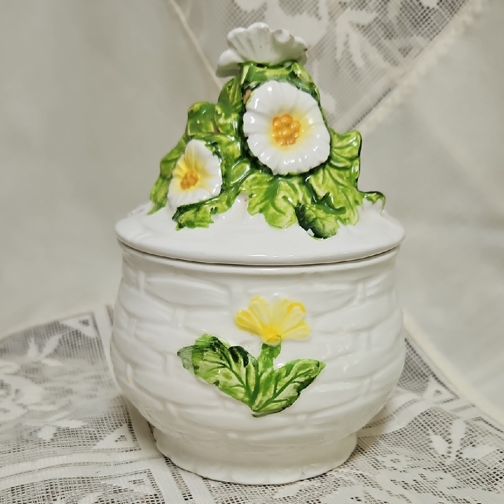 Lefton White and Green Floral Ceramic Jar